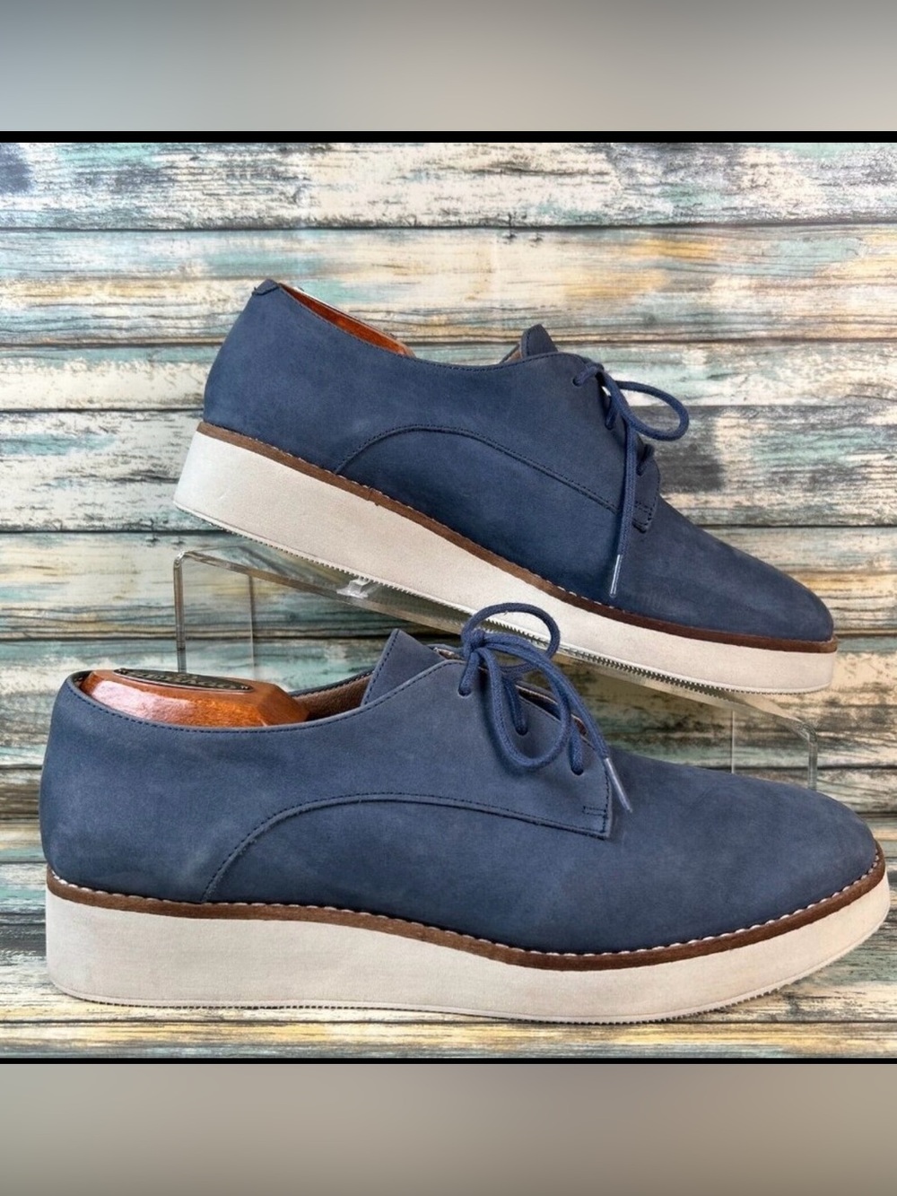 SOFTWALK Willis Oxford Shoe Womens Size 8W Blue Leather Wedge Heel Lightweight